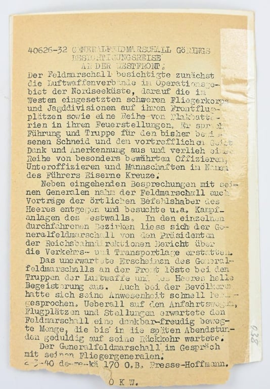 German LW Press Photo 'General Goring on the Westfront''