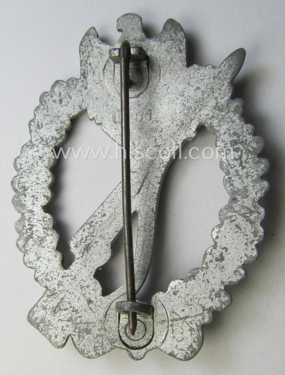 Superb, 'Infanterie Sturmabzeichen in Silber' (or: silver infantry assault badge ie. IAB), being a nicely maker- (ie. 'L/61'-) marked example as executed in zinc-based metal (ie. 'Feinzink') as was produced by the: 'Friedrich Linden'-company
