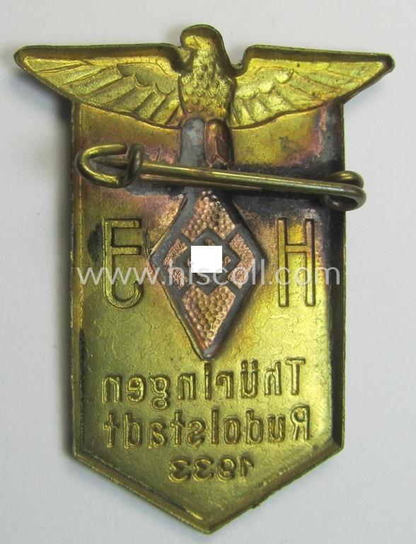 Attractive - and scarcely encountered! - HJ o. DJ- (ie.'Hitlerjugend o. Deutsches Jungvolk') related 'tinnie' being a non-maker-marked example as executed in golden-bronze-toned 'pot-metal' and showing the text: 'HJ - Thüringen - Rudolstadt 19...