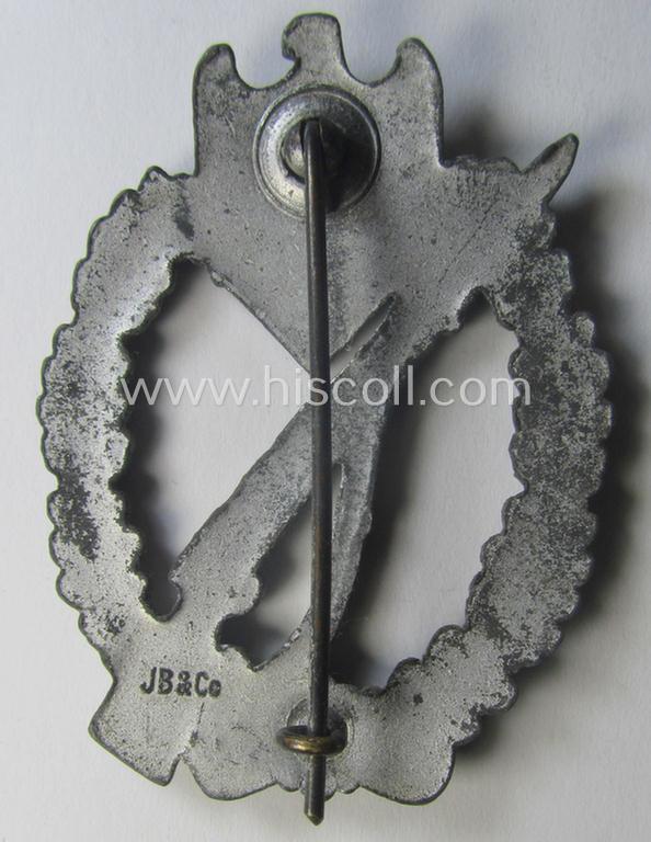 WH (Heeres- ie. Waffen-SS) 'Infanterie-Sturmabzeichen in Silber' (or: silver-class IAB) being a non-maker-marked example by the: 'Josef Bergs & Co.'-company and that comes as issued