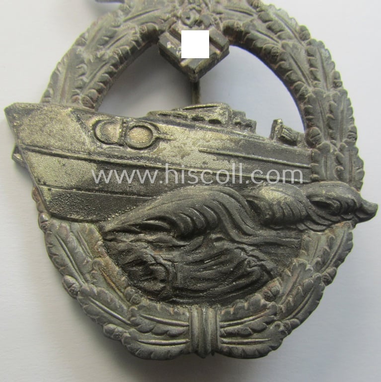 WH (Kriegsmarine) so-called: 'Kriegsabzeichen für Schnellboote - 2. Modell' (or: E-boat-war-badge of the 2nd model) being a maker- (ie. 'RS'-) marked example as was produced by the: 'Rudolf Souval'-company