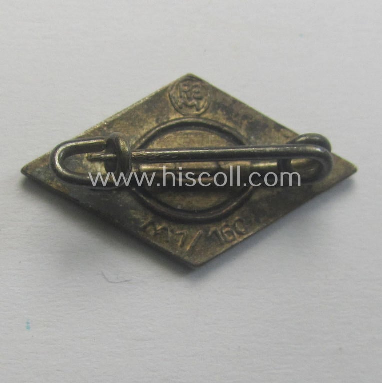 HJ (ie. 'Hitlerjugend') enamelled lapel-pin (ie.: 'Raute') showing the (rarely seen!): 'RzM - M1/160'-makers'-designation