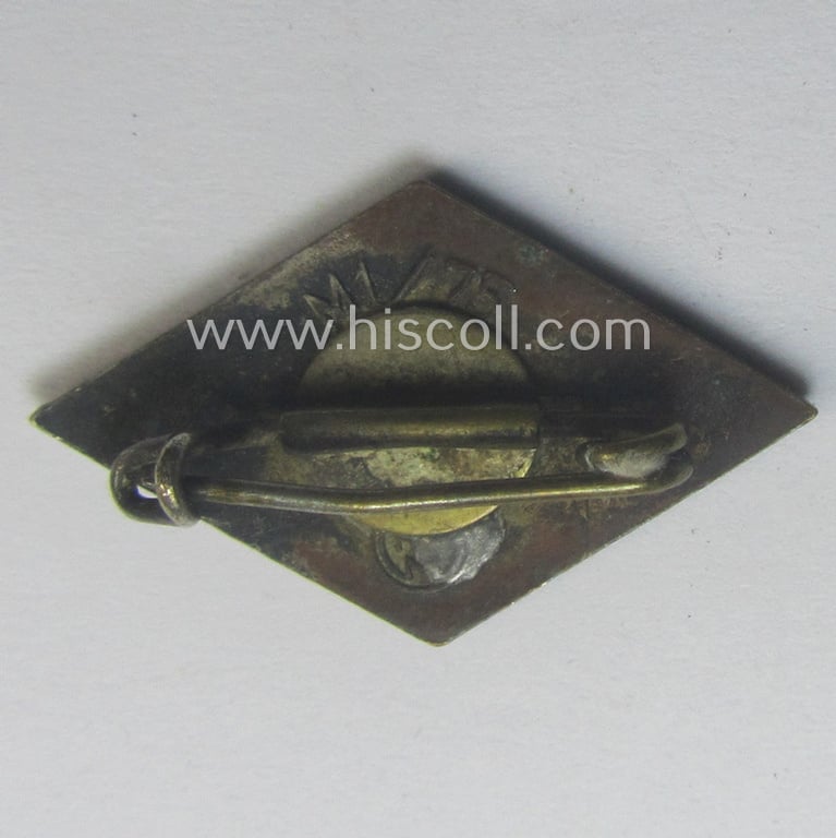 HJ (ie. 'Hitlerjugend') enamelled lapel-pin (ie.: 'Raute') with an: 'RzM - M1/75'-makers'-designation (ie. 'Otto Schickle')