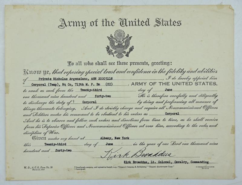 US WW2 Military Police Promotion Certificate