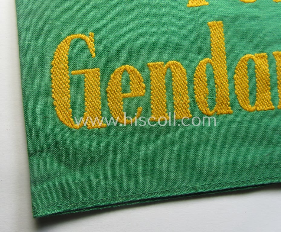 Wehrmacht-related, bright-green-coloured and/or linnen-based armband entitled: 'Feldgendarmerie' (as was specifically intended for usage by the staff of the notorious: 'Feldgendarmerie-Truppen')