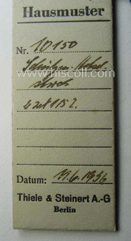 Interesting - and possible unique! - single, TR-period (ie. 1936-dated) 'Schutzenverein'-related shoulderboard being a so-called: 'Müsterstück o. Hausmuster' by the company: 'Thiele & Steinert A.G.'