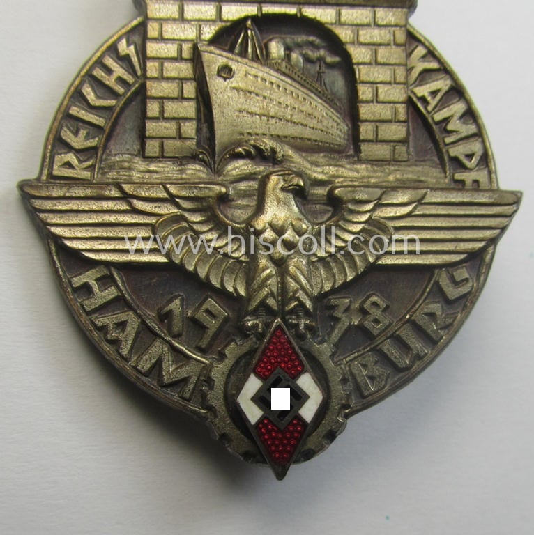 Rarely found, HJ- ie. BDM (ie. 'Hitlerjugend' or: 'Bund Deutscher Mädel') related day-badge: 'Reichskampf Hamburg 1938'