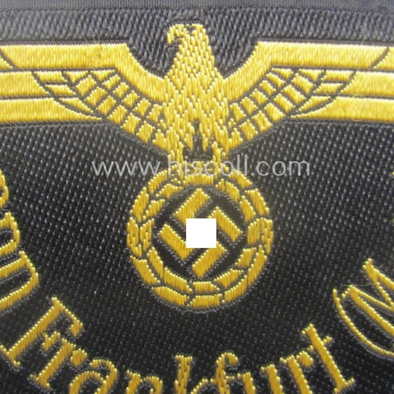 RB- ('Reichsbahn'-) related arm-eagle as executed in 'BeVo'-weave style as was intended for an official of the: 'Deutsche Reichsbahn' ie. the 'RBD Frankfurt (Main)' (or: 'Reichsbahndirektion Frankfurt (Main)')