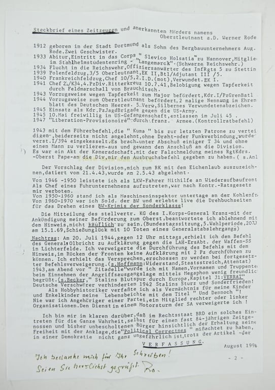 Signature of Wehrmacht Heer KC Recipient 'Werner Rode'