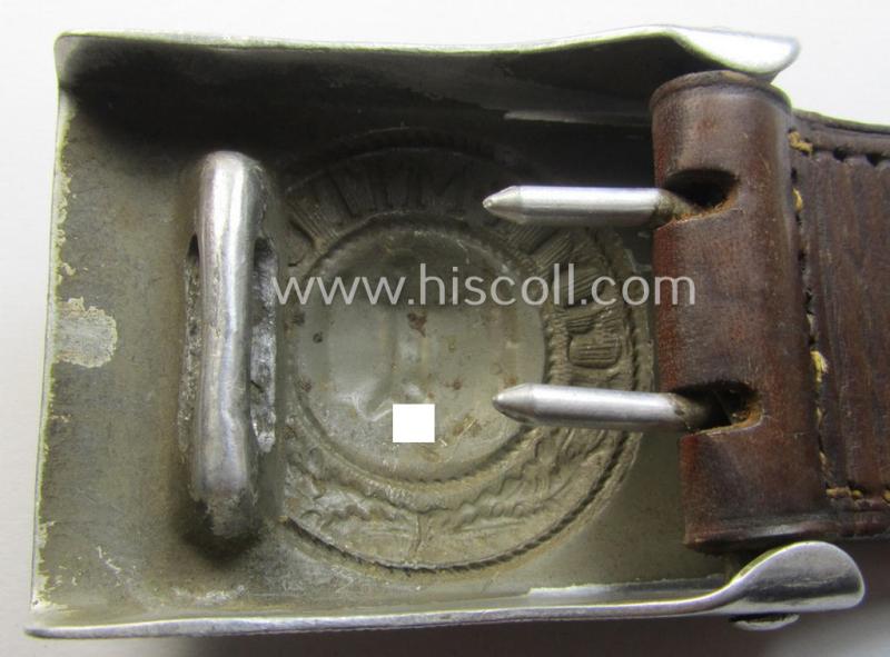 Attractive - albeit truly used! - WH (Heeres) 'standard-pattern', field-grey-toned- and aluminium-based belt-buckle being a non-maker-marked example that comes mounted onto its 'Gebr. Kugel & Fink'-marked and/or '1936'-dated tab