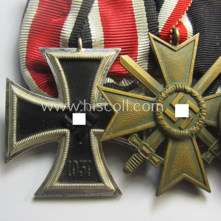 Superb, 3-pieced, WWII-period medal-bar (ie. 'Ordenspange') showing resp. an: 'EK II.Kl.', a: 'KvK II.Kl. m. Schw.' and a: 'Medaille Winterschlacht im Osten 1941-42'