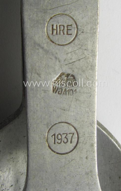WH (Heeres etc.) soldiers'-type, aluminium-based eating-utensils-set (ie. so-called: 'Göffel') being a nicely maker- (ie. 'HRE'-) marked and/or: '1937'-dated example that comes in a moderately used condition