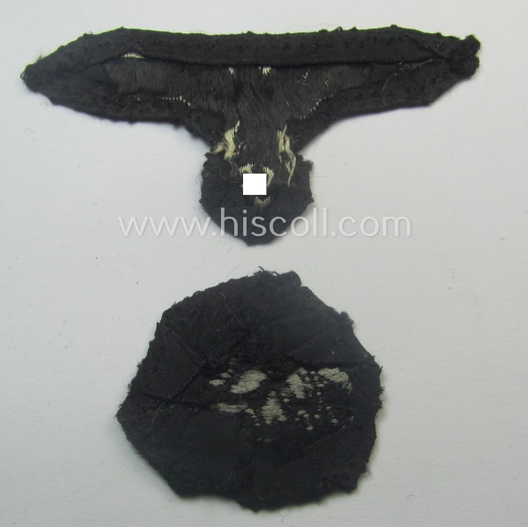 Superb - and nowadays rarely encountered! - Waffen-SS, 'BeVo'-woven-style skull- and cap-eagle-set (ie. 'Totenkopf- u. Adler-Effektensatz für Schiffchen o. Einheitsfeldmütze') that comes in a moderately used- and/or cap-removed, condition