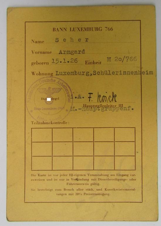 Very nice - and rarely encountered! - 4-pieced Luxemburg- (ie. BDM-) related ID-card-grouping comprising of a: 'BDM-Dienstbeteilungskarte', a: 'Teilnehmer- ausweis' (and more), all 4 items as issued to the: 'BDM-Oberscharführer', Armgard Seher