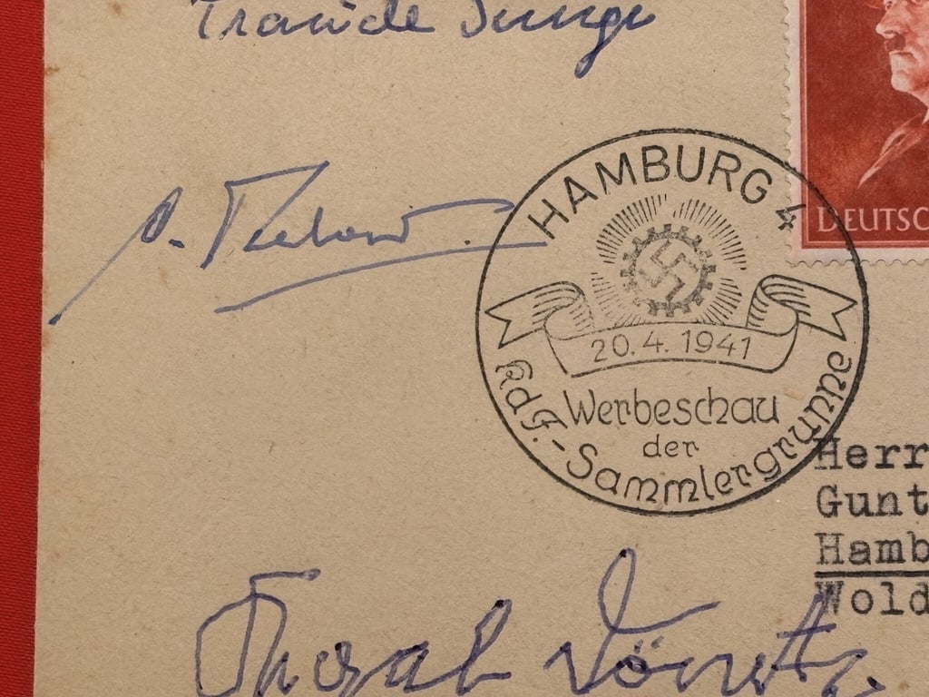 WWII GERMAN KARL DONITZ, ERICH HARTMANN, TRAUDL JUNGE SIGNED 1941 GERMAN COVER, WITH HITLER STAMPS AND DATED 20/4/1941.