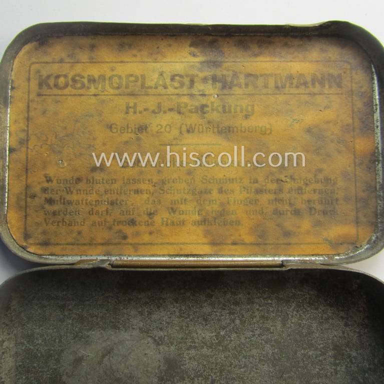 Attractive - and actually scarcely seen! - HJ/BDM- (ie. 'Hitlerjugend'/'Bund Deutscher Mädel'-) related, tinnen-based medical-accessory-box that is showing a typical 'HJ-Raute' on its top