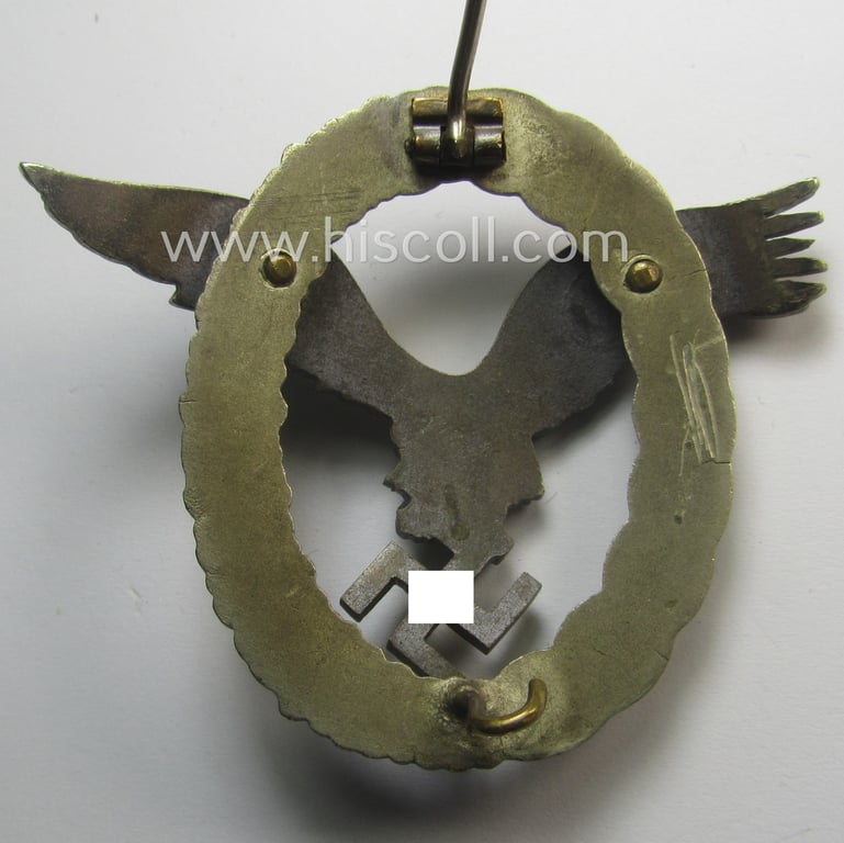 Superb, WH (Luftwaffe) 'Flugzeugführer-Abzeichen' (or: pilots'-badge) being a (typical) non-maker-marked- and/or: 'Buntmetall'-based example by the maker: 'Friedrich Linden' and that came stored in its period etui