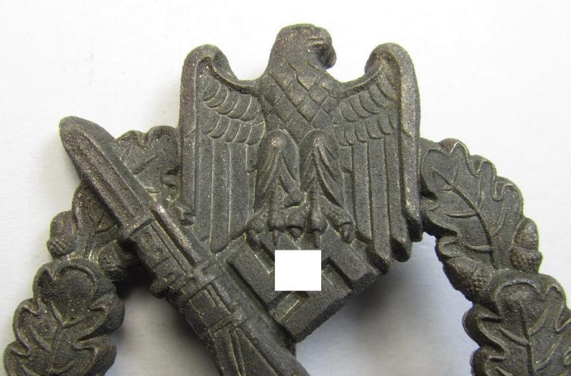 Attractive, 'hollow-back' 'Infanterie Sturmabzeichen in Silber' (or: silver infantry-assault badge ie. IAB) being a non-maker-marked example as executed in zinc-based metal (ie. 'Feinzink') as was produced by the: 'Wilh. Deumer'-company