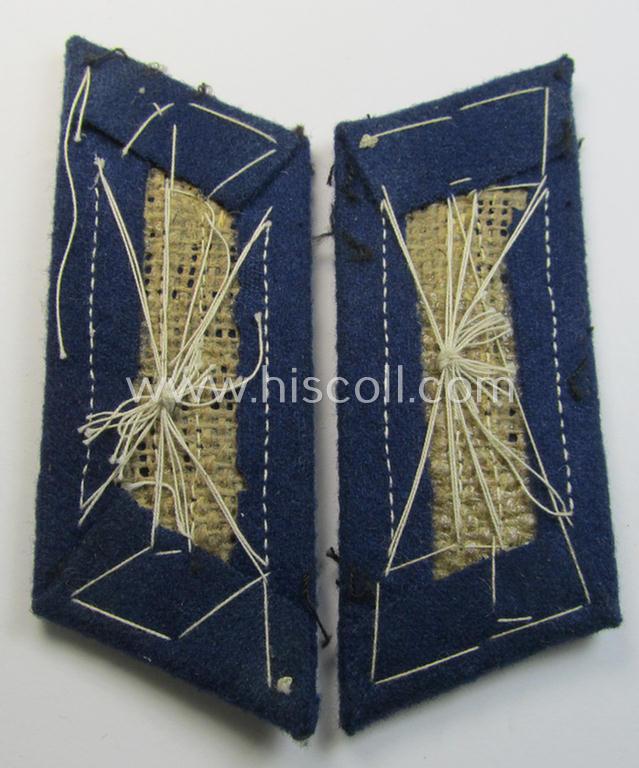 Attractive pair of WH (Heeres) EM- (ie. NCO-) type, so-called: 'Waffenrock'- (ie. dress-) collar-tabs (ie. 'Kragenspiegel') as piped in the darker-blue branchcolour as was intended for usage by a: 'Soldat o. Uffz. eines Sanitäts-Abteilungs'