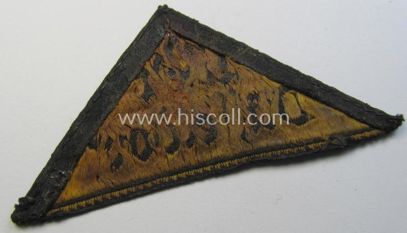 Neat 'HJ' ('Hitlerjugend') district-triangle (ie. 'Gebietsdreieck') entitled: 'West Düsseldorf' (being a moderately used- and/or worn example that has lost its once-attached 'RzM'-etiket)