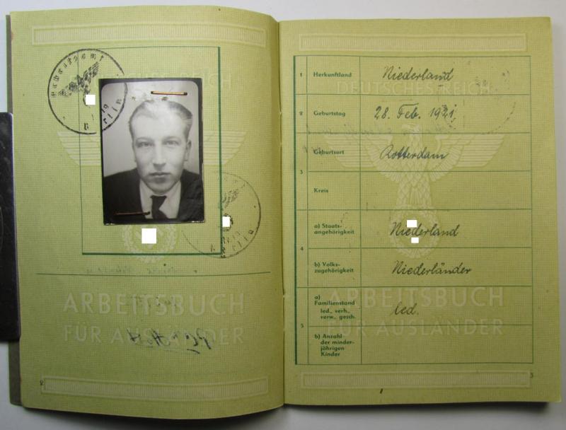 Very interesting - and with certainty scarcely encountered! - so-called: 'Arbeitsbuch für Ausländer' as was issued in July 1944 to the Dutch national named: Pieter 't Hart born 28 February 1921 in Rotterdam