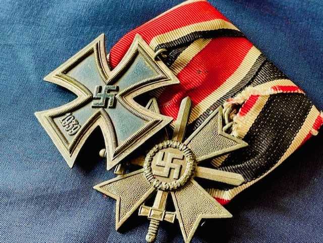 WW2 GERMAN THIRD REICH MEDAL SET IRON CROSS 2nd CLASS AND WAR MERIT CROSS WITH SWORDS WITH NUMBERED RINGS