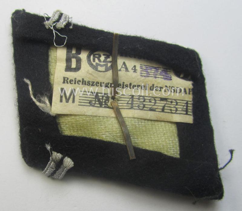 Superb, Waffen-SS NCO-pattern rank-collar-rank-tab ('Kragenspiegel') being a 'standard-issue'-pattern example as executed in black-coloured wool as was intended for usage by an: 'SS-Scharführer' (that still retains its 'RzM'-etiket!)