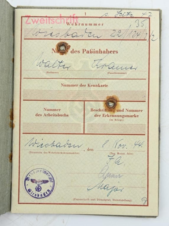 German WH Wehrpass A.E.A 33 (Mot)