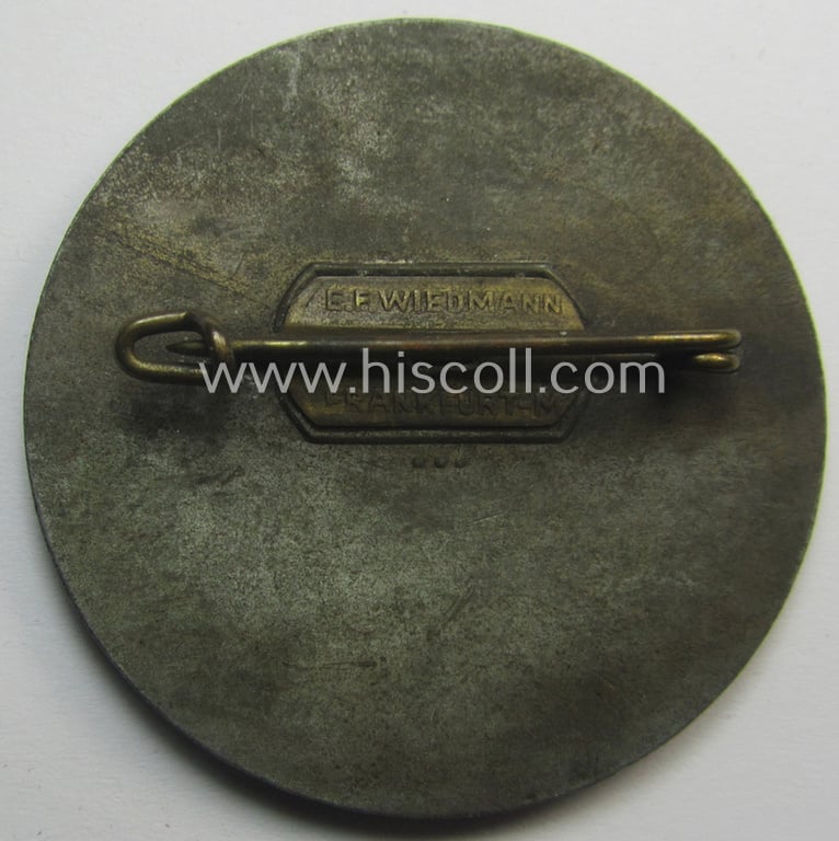 N.S.D.A.P.-related 'tinnie' (ie. 'Tagungs- o. Veranstaltungsabzeichen'-) being a maker- (ie. 'E.F. Wiedmann - Frankfurt a. M.'-) marked example depicting the text: 'Reichsparteitag 1936'