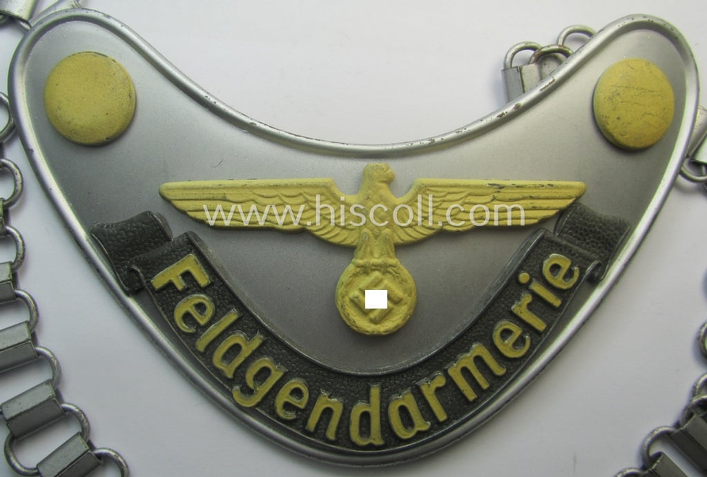 Superb - and 'virtually mint'! - example of a WH (Heeres) gorget (ie. 'Brustschild o. Ringkragen') entitled: 'Feldgendarmerie' being a non-maker-marked example that comes mounted onto its period-attached chain (ie. 'Kette')