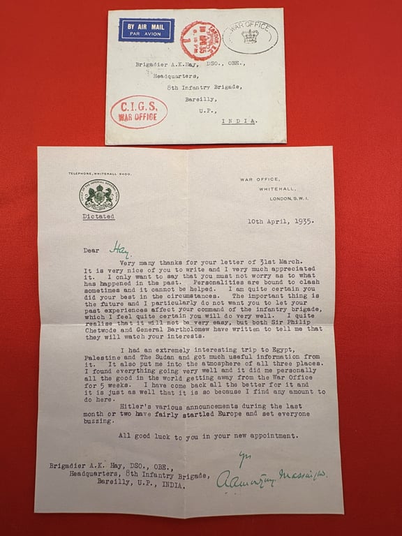 AUTHENTIC LETTERS FROM FIELD MARSHALL MONTGOMERY OF ALAMEIN TO GEN A.K.HAY, ECT.