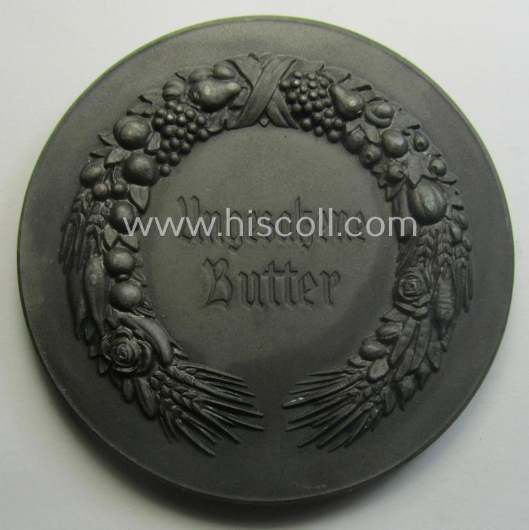 Greyish-silver-toned, 'Reichsnährstand'- (ie. 'RNSt.'-) related, commemorative-award-plaque entitled: '4. Reichsnährstands-Austellung - Blut und Boden - München 1937 - ungesalzene Butter' and that comes stored in its period etui