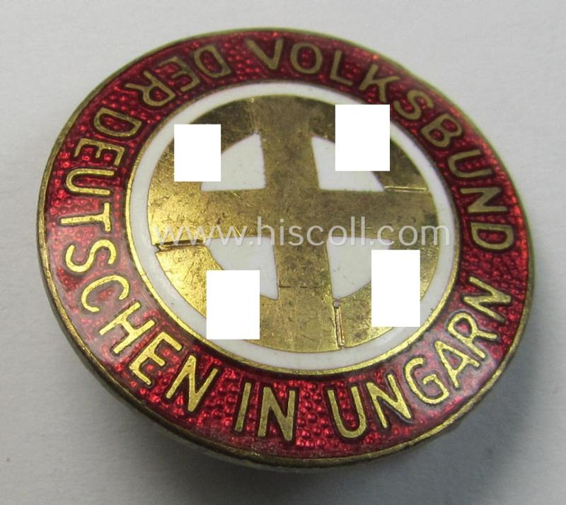 Superb - and actually truly rarely encountered! - membership-lapel-pin (ie. 'Mitgliedsabzeichen') as was specifically intended for usage by the members within the: 'Volksbund der Deutschen in Ungarn'