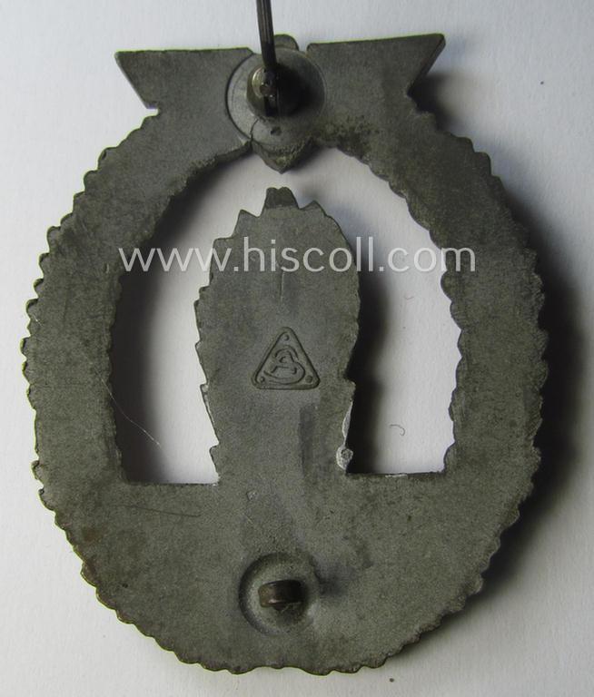 Regrettably denazified, WH (KM) 'Kriegsabzeichen für Minensuch-, U-Boot-Jagd und Sicherungs-Verbände' (being a typical maker-marked, 'Feinzink'-based example as was produced by the: 'Adolf Scholze'-company)