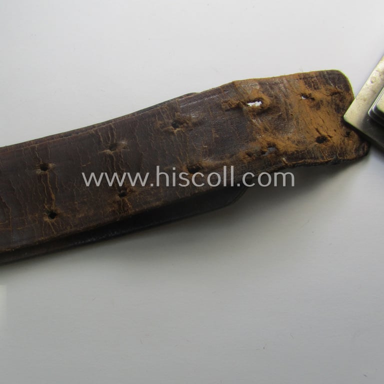 WWI-period (ie. 'Preussen'-related), copper- (ie. nickle-crome-) based, EM/NCO-type belt-buckle being a moderately used example that comes with its accompanying belt as issued and/or most certainly worn