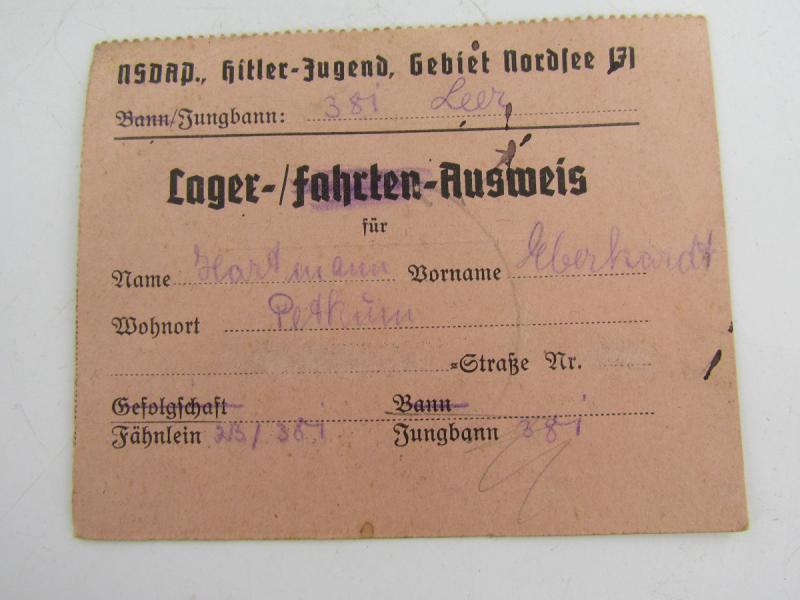 Hitler Jugend Paperwork Grouping With Member Pass