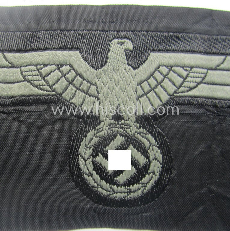 Later- (ie. mid-war-) period, WH (Heeres) 'Panzer'-type breast-eagle (ie. 'Brustadler für Panzertruppen') being a 'virtually mint- ie. unissued' example as executed in bluish-grey-coloured linnen on a black-coloured background