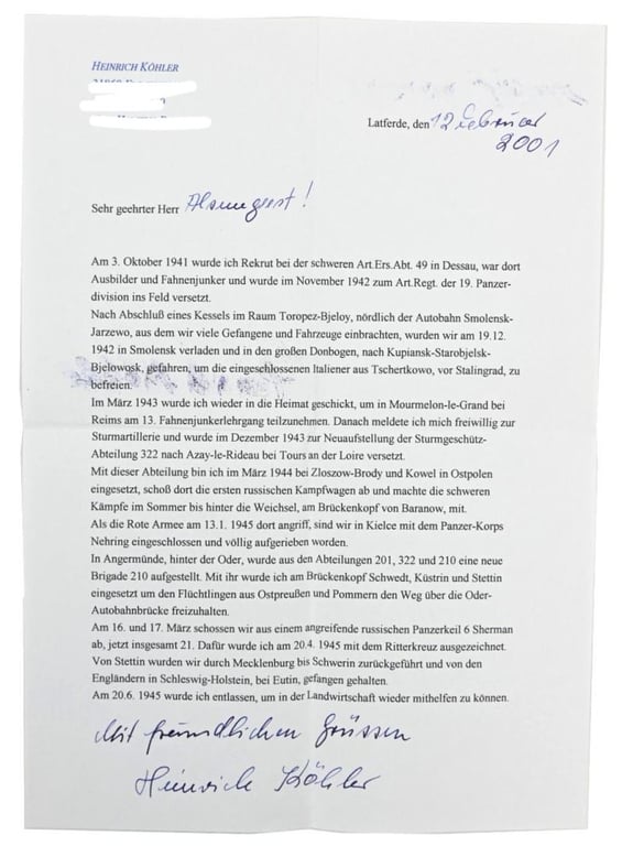 Signature of Wehrmacht Heer KC Recipient 'Heinrich Köhler'
