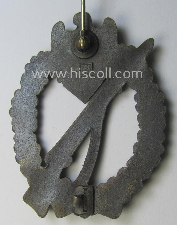'Infanterie Sturmabzeichen in Bronze' being a maker- (ie. 'JFS'-) marked, 'solid-back' example by the desirable maker: 'Josef Feix u. Söhne' as was executed in golden-bronze-coloured, zinc-based metal