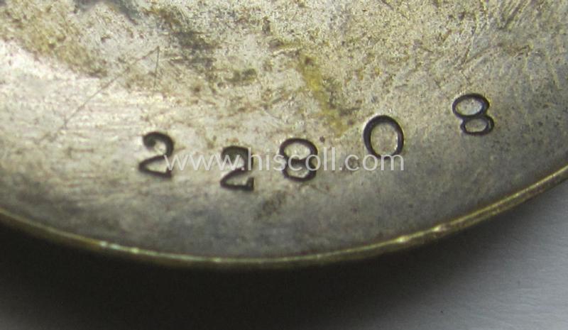 'Deutscher Frauenarbeitsdienst' (or: womens'-labour-service) so-called: 'Dienstbrosche' being a non-maker-marked example as was executed in silverish-golden-toned metal and that is bearing a unique serial-number ('22808')