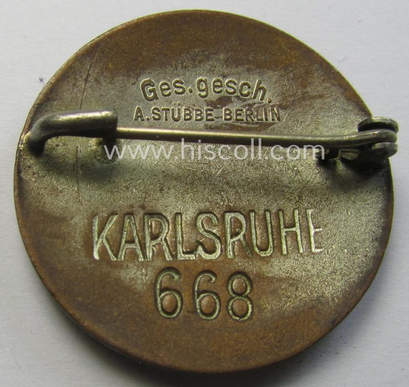 DRK nurses'-badge entitled: 'Schwesternschaft' being a medium-sized version showing a bearers'-number: ('668'), towns-name: ('Karlsruhe') and/or makers'-mark ('A. Stübbe - Berlin')