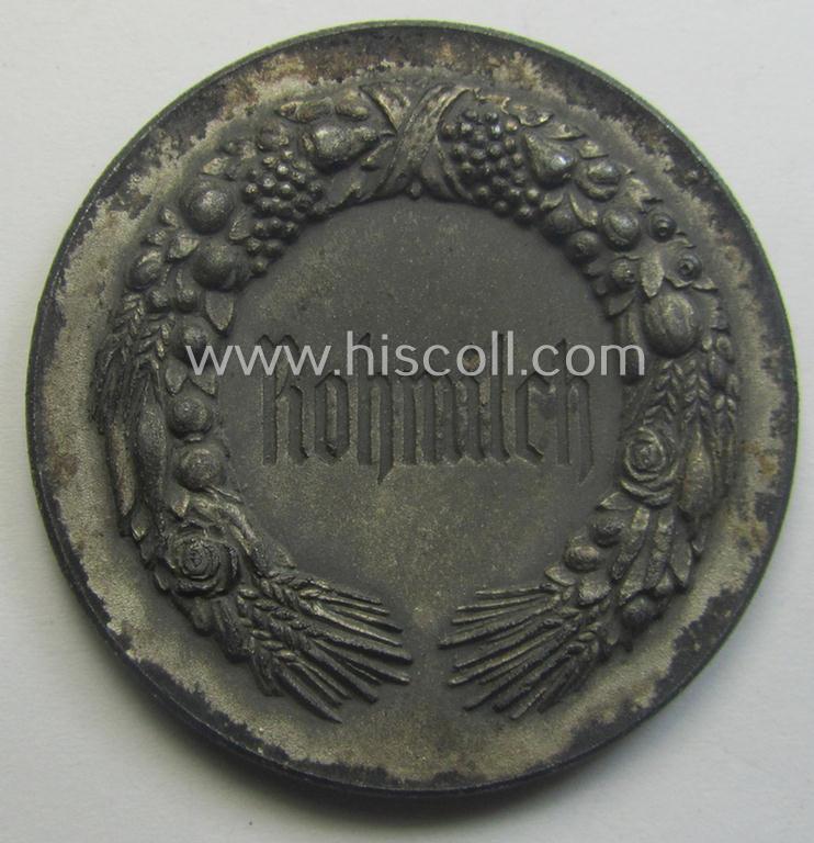 Greyish-silver-toned, 'Reichsnährstand'- (ie. 'RNSt.'-) related, commemorative-award-plaque entitled: '5. Reichsnährstands-Austellung - Blut und Boden - Leipzig 1939 - Rohmilch' and that comes stored in its period etui