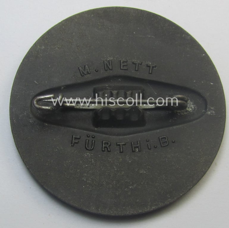 N.S.D.A.P.-related 'tinnie' (ie. 'Tagungs- o. Veranstaltungsabzeichen') being a neatly maker- (ie. 'M. Nett - Fürth'-) marked example showing the text: 'Reichsparteitag 1937'