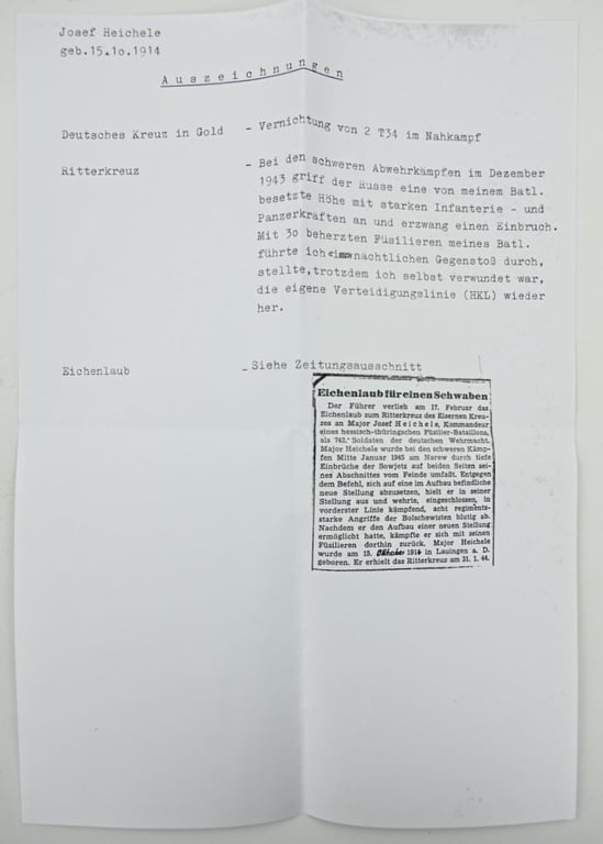 Signature of Wehrmacht Heer KC&OLC Recipient 'Josef Anton Heichele'