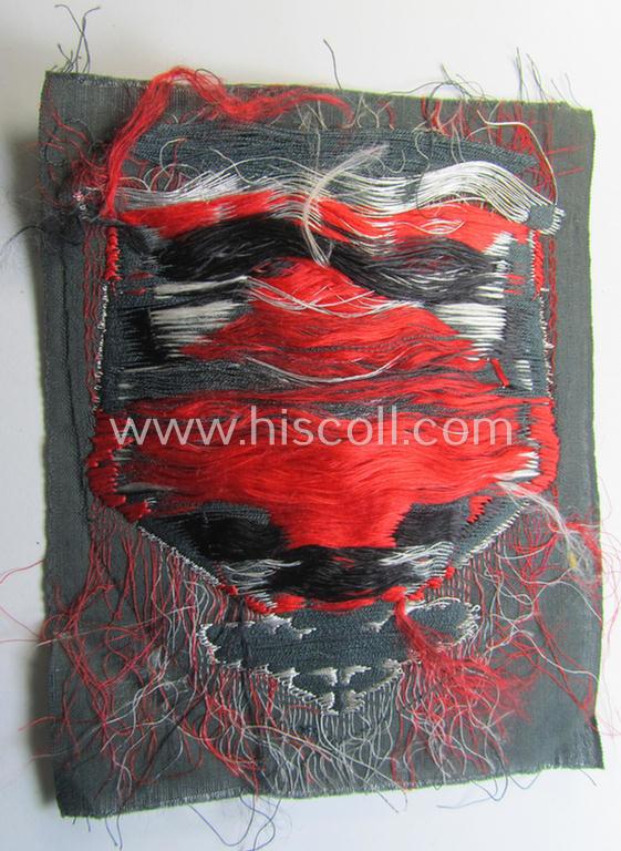 Superb - and scarcely encountered! - WH (Heeres), flat-wire- (ie. 'BeVo'-) woven 'Ärmelabzeichen für Fahnenträger des Heeres' as was intended for a soldier (ie. NCO) who served within a: '(Sturm)Artillerie'-unit