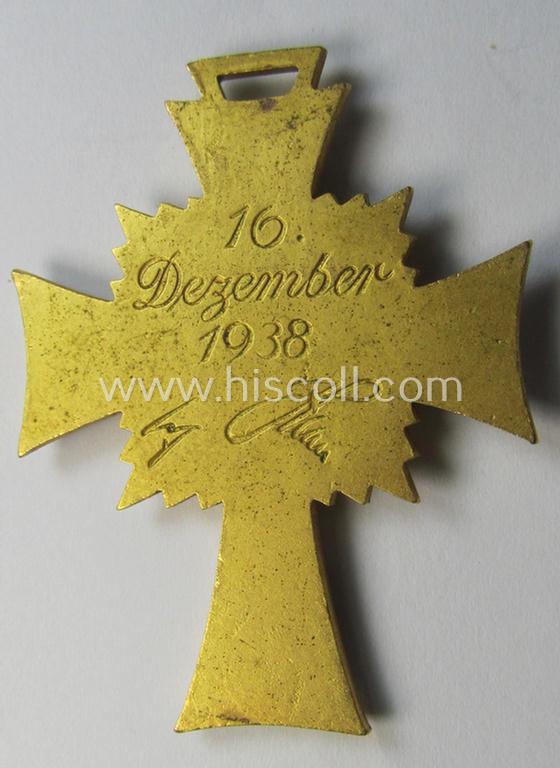 Attractive, 'Ehrenkreuz der deutschen Mutter - erste Stufe' (or: golden-class mothers'-cross) being a 'virtually mint' example that comes with its accompanying, long-sized- (and also 'mint'!) ribbon as issued and/or recently found