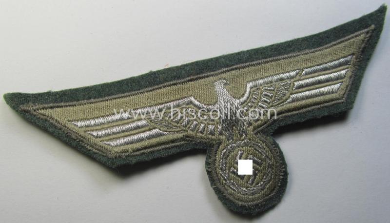 Superb, WH (Heeres) breast-eagle as executed in 'BeVo'-type-, so-called: 'flat-wire'-weave-pattern and pre-mounted on field-grey-coloured wool as was specifically intended for usage by soldiers (ie. NCOs) on their dress-tunics (ie. 'Waffenröcke...