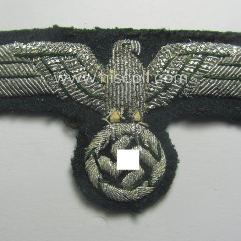 Detailed - and just moderately used! - WH (Heeres) officers'-type, hand-embroidered breast-eagle (ie. 'Brustadler für Offiziere') as executed in bright-silverish-coloured braid as was intended for usage on the various officers'-pattern tunics