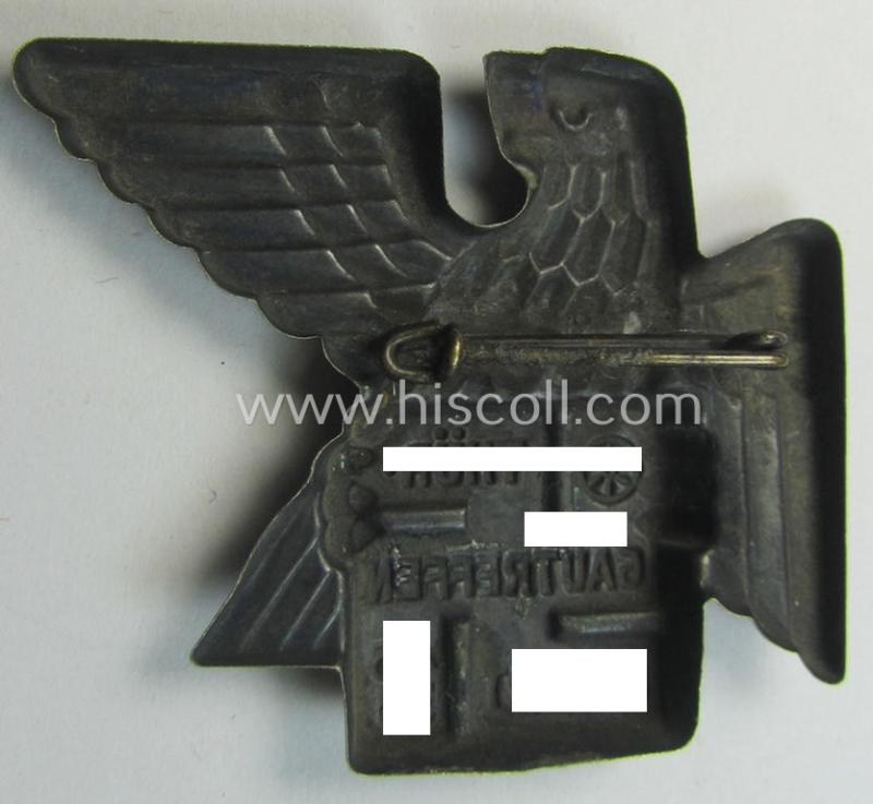 Silverish-toned, N.S.D.A.P.-related day-badge (ie. 'tinnie' or: 'Veranstaltungsabzeichen') as was issued to commemorate a party-related meeting entitled: 'Thür. Gautreffen - Erfurt - 4.6.33'