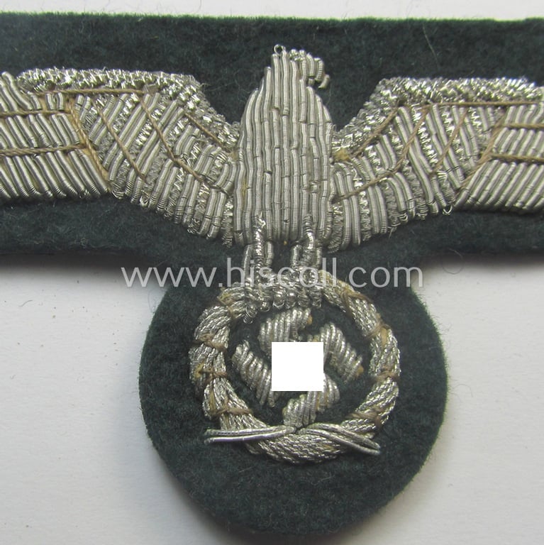WH (Heeres) officers'-type, hand-embroidered breast-eagle (ie. 'Brustadler für Offiziere') as was executed in bright-silverish-coloured braid as was intended for usage on the various officers'-pattern tunics